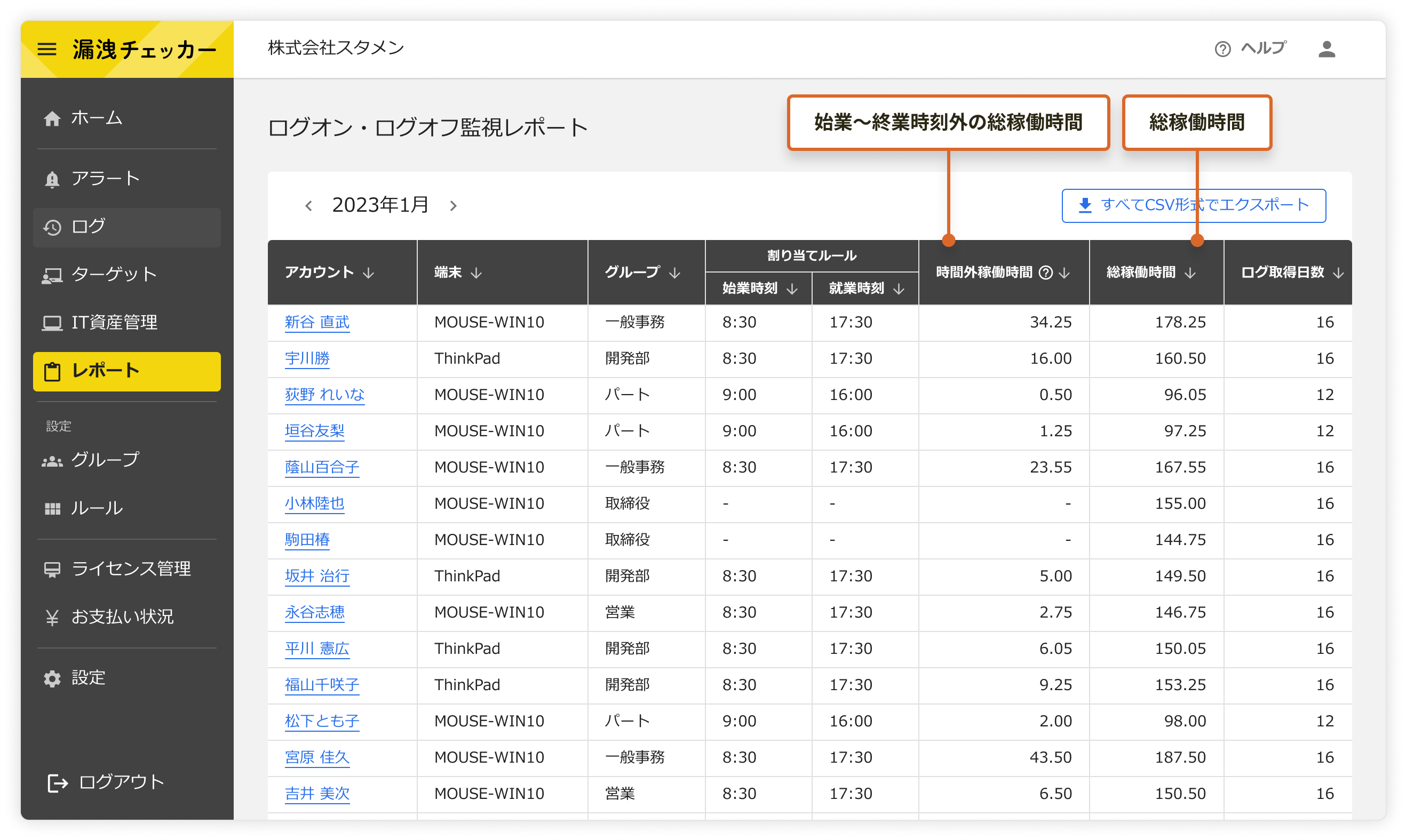 月単位でPCの総稼働時間をレポートから確認