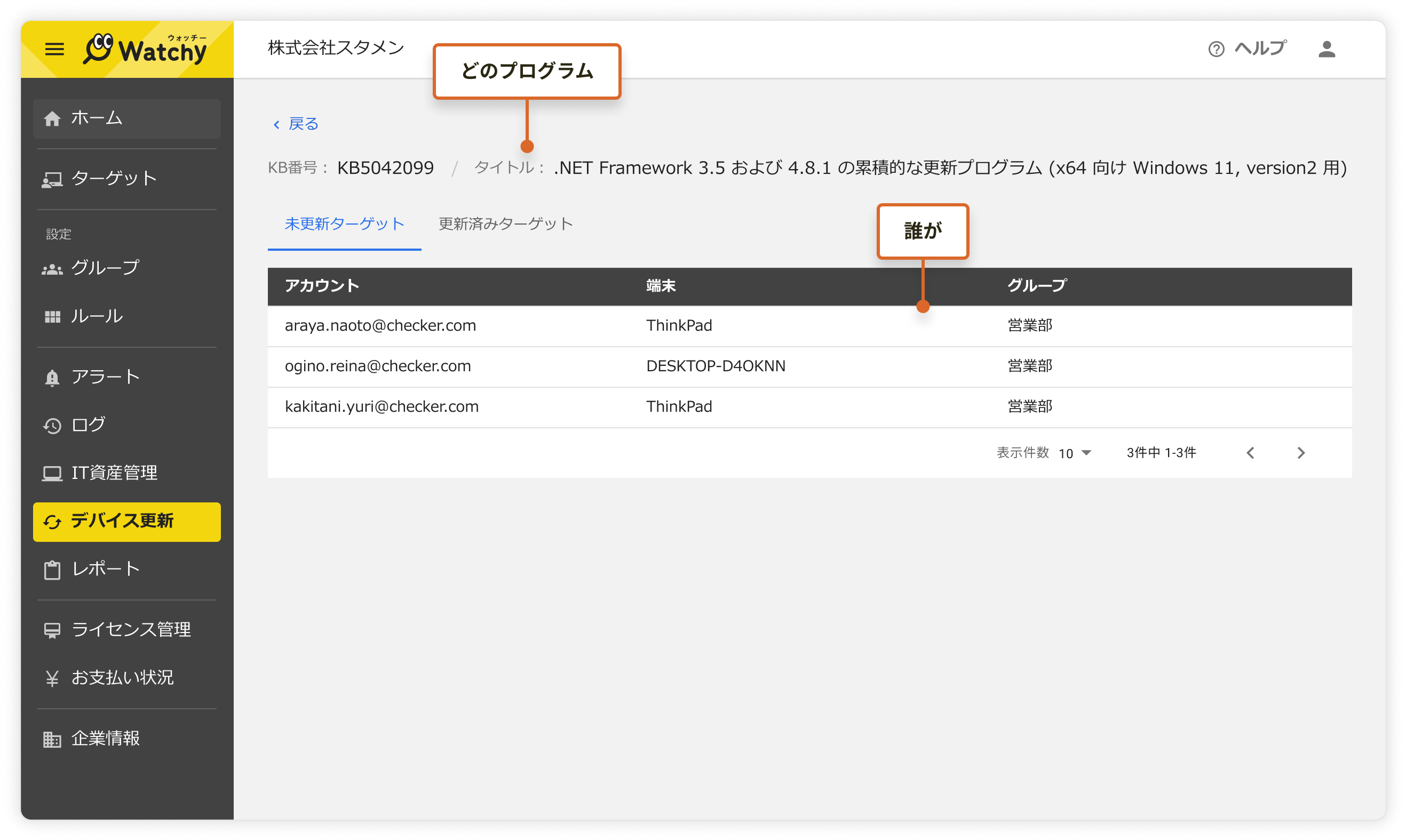 Watchyのデバイス更新画面。更新プログラムごとにインストール状況が確認可能で、未更新プログラムがある端末が一覧表示される。影響を受ける端末を迅速に特定し、未更新のセキュリティリスクを軽減可能。