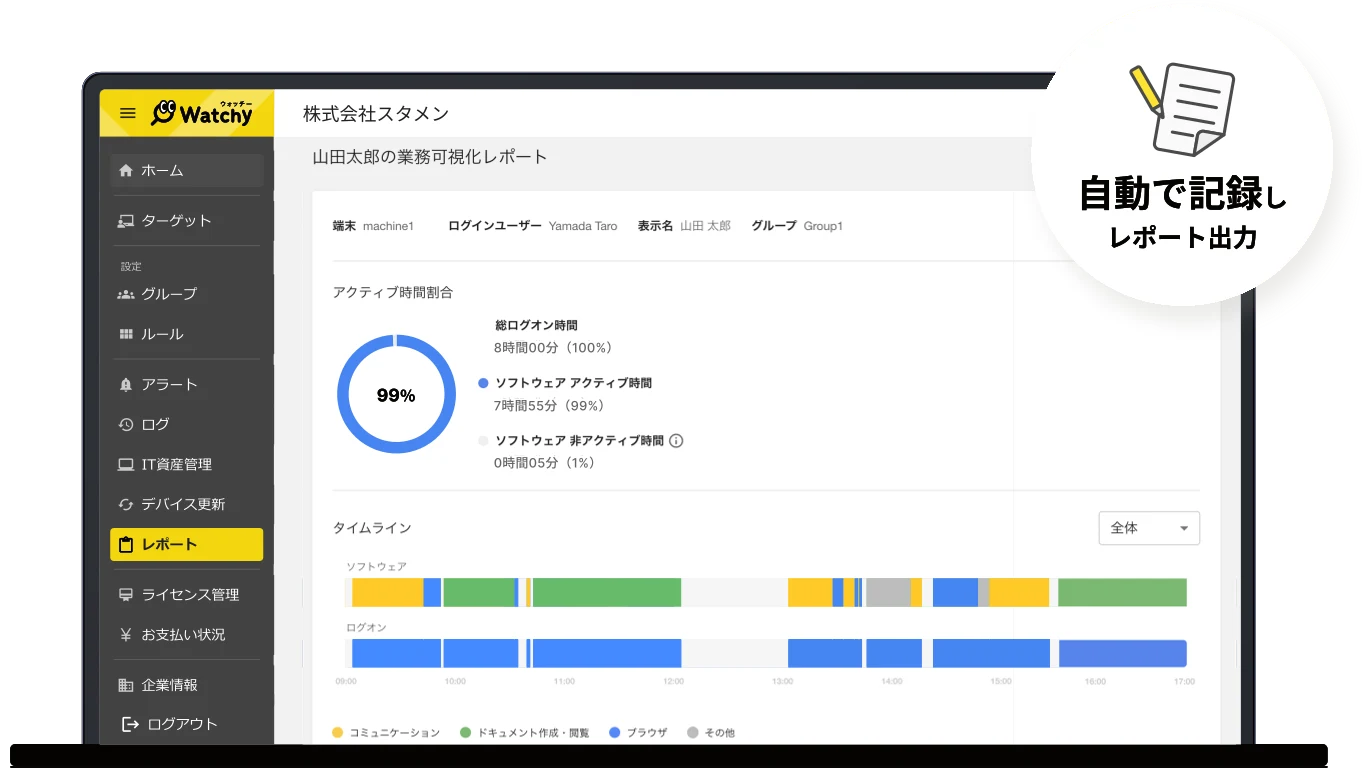 PCの稼働時間やソフトウェアの使用状況を時系列で表示。自動で記録しレポート出力できます。